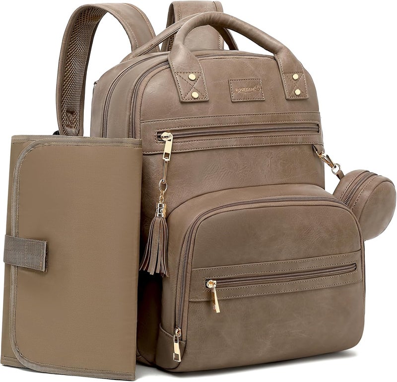 ROSEGIN Premium Vegan Leather Diaper Bag Backpack with Waterproof Changing Pad, Reinforced Zippers & Odor-Free, 20 Pockets Pro Organizer, Fits 15.6" Laptop, Stroller Straps, Baby Bag for Mom, Taupe - Image 1